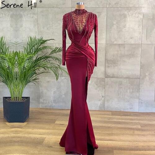 Serene Hill Wine Red High Split Evening Dresses Gowns 2021 Satin Elegant Beading Mermaid For Women Party LA71086
