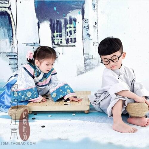 Yi Qu Playing Chess Chinese Republican Period Little Boy and Little Girl Costume Hanfu Photography Use Stage Performance