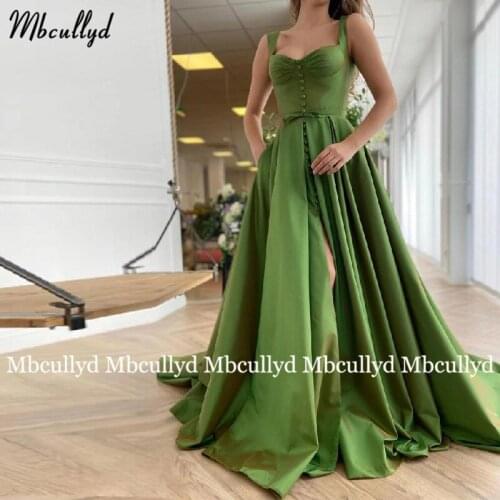 2021 Green Satin Evening Dresses Long High Split Spaghetti Straps Buttoned A Line Court Train Formal Party Dress with Pocket