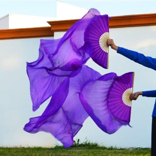 2016 High selling 100% Real Silk Veils 1 Pair handmade women Quality Silk Belly Dance Fan Dance purple 180*90 cm