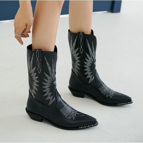 Black White 2021 Western Boots PU Leather Pointed Toe Square Heel Woman Ankle Boots Short Plush Winter Shoes Plus Size 34-43