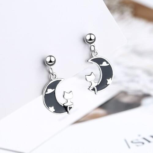 925 Sterling Silver Moon Cute Cat Piercing Stud Earrings For Women Elegant Party Jewelry Pendientes eh347