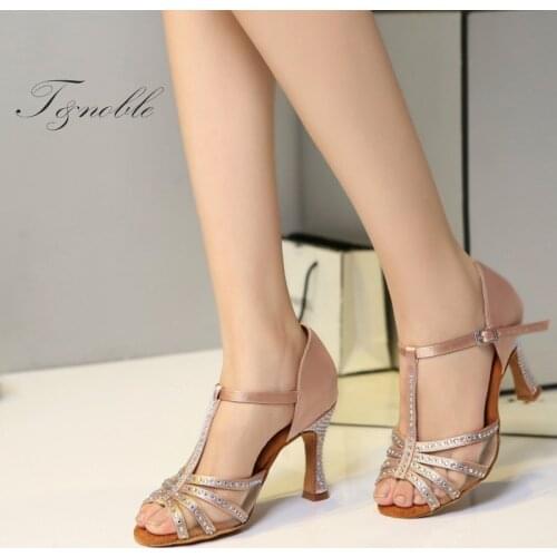 Women Dance Shoes Latin Ballroom Latino Dancing Shoes Wedding Party Sandals Skin Red Rhinestion Bachata Salsa Dance Shoes L409