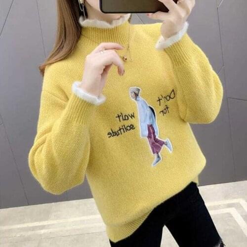 Womens Loose Turtleneck Pullover 2021 New Autumn/Winter Embroidered Fashion Underneath Tide Student Jumpers Sweater Top Female