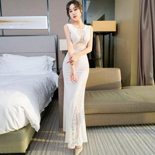 Backless Hollow Out Evening Dresses Sexy Women Dress Long Elegant Party Prom Mermaid O-neck Sheer Tulle Maxi Formal Club Gown