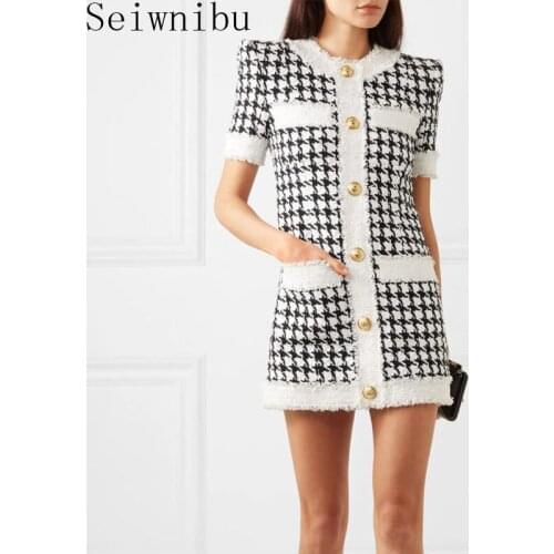 New Fashion Runway Jacquard 2020 Summer Dress Elegant Women Vintage Black White Houndstooth Dresses Ladies knitted Dress