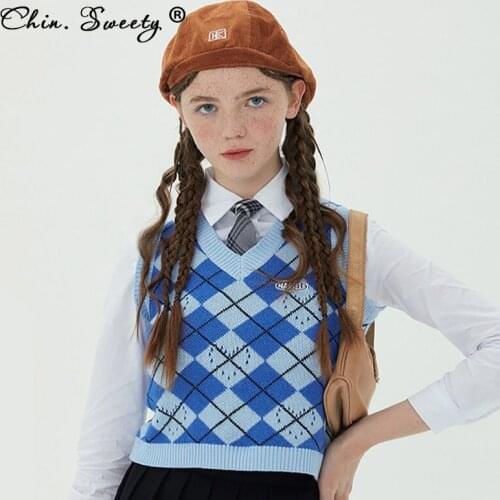 Knitted Argyle Print Womens Sweater Vest 2021 Autumn New Color Block Sleeveless Pullovers Waistcoat Ladies Sweet Fahion Tanks
