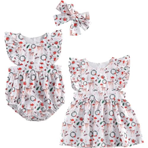 2020 New Christmas Infant Baby Girls Deer Print Flared Short Sleeve Romper+Headband/Dress Sister Family Matching Clothes
