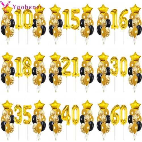 22pcs Black Gold Number Foil Latex Balloons Happy Birthday Party Decorations Adult Kids 10 15 16 18 25 30 35 40 50 60 Years Old