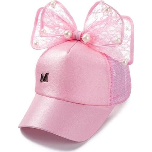 Seioum 2018 new Spring Summer Children Baseball Cap Girls Snapback Hip Hop Caps Rabbit Ear Pearl Big Bow Kids Sun Hat