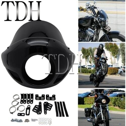 Black 5.75'' Headlight Fairing Motorcycle 5 3/4" Front Light Cowl Mask 35-49mm Fork Mounting Kit For Harley Dyna Touring Scooter