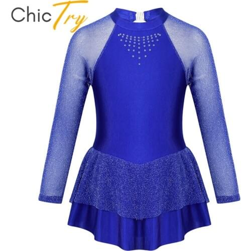 ChicTry Kids Teens Shiny Rhinestone Long Sleeves Gymnastics Leotard Girls Ballet Figure Skating Dress Performance Dance Costume