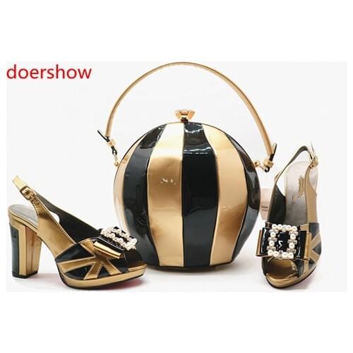 Doershow Beautiful African style gold shoes and matching bag, Ladies Italian shoes and bags with peach fashion for wedding!MQ1-8