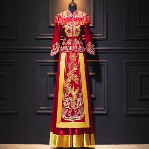 Exquisite Phoenix Embroidery Tassel Cheongsam Chinese Elegant Bride Marry Dress Couple Wedding Suit китайская одежда