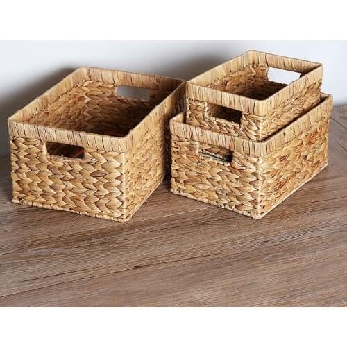Storage Basket Natural Straw Rectangular Desktop Wire Handles Decor Seagrass Woven Wicker Basket Organizing Shelves WF1015