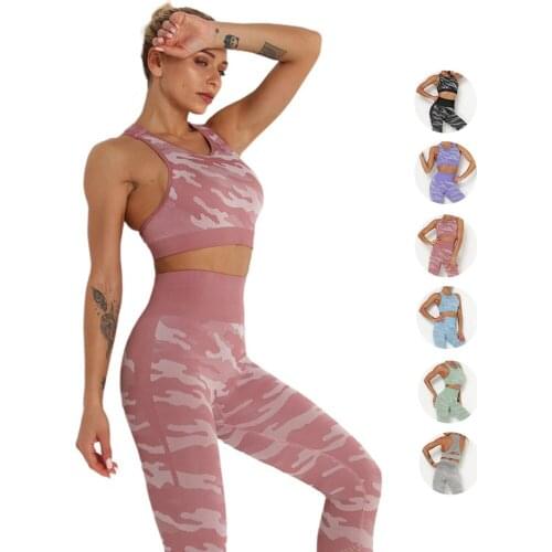 Women Tracksuits Camo Yoga Suit Running Sport Set 2pcs Seamless High Waist Leggings Gym Top Workout Sportswear Fitness Clothes