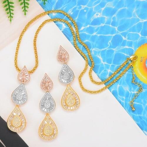 LARRAURI Fashion Waterdrop Long Dangle Earrings Chains Pendant Necklace Jewelry Sets For Women Engagement Wedding Wear