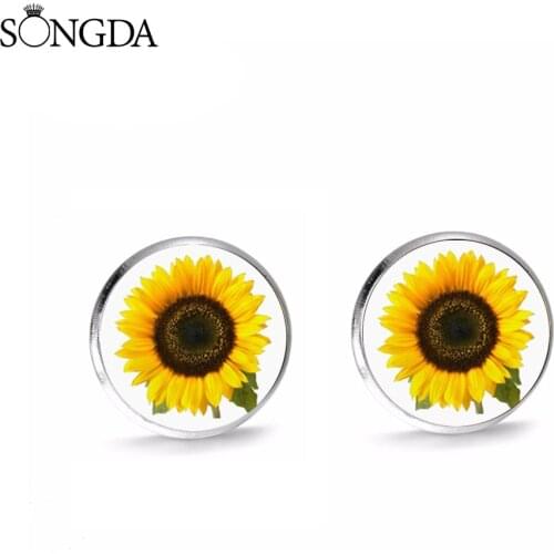 Summer Boho Sunflower Stud Earrings Light Yellow Flower Print Transparent Glass Dome Earrings Handmade Jewelry Beach Gift