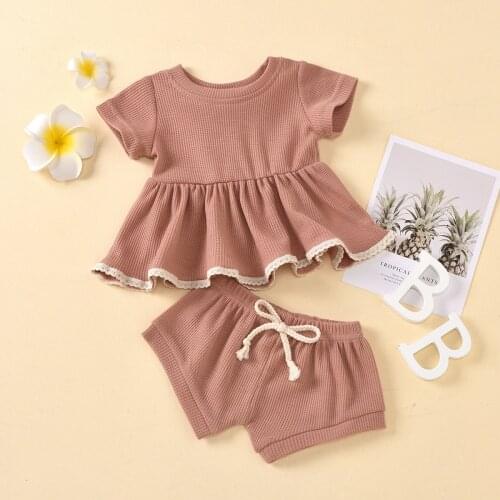 Infants Baby Girls Summer Clothes Suit 2021 Children Solid Color Pure Stitching Short-Sleeved Top Bow Shorts 2 Pcs Lace Outfits