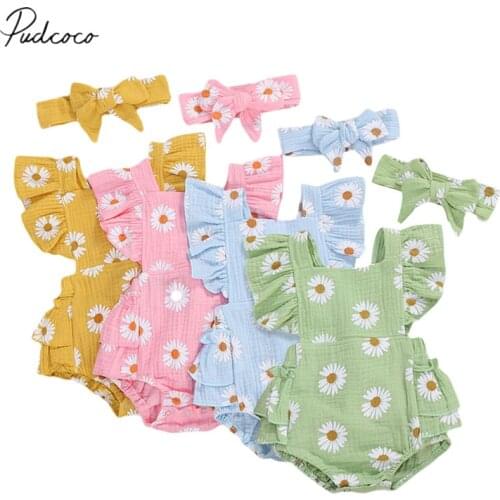 Summer Newborn Baby Girls Sweet Daisy Print Bodysuit Jumpsuit Headband Outfits 2PCS Clothes Set 0-24M
