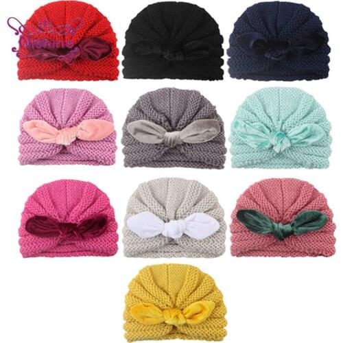 Nishine 17*13 CM Fashion Handmade Knitted Wool Infant Hat Soft Velvet Bunny Ears Baby Girl Caps Cute Princess Headwear 10 Colors