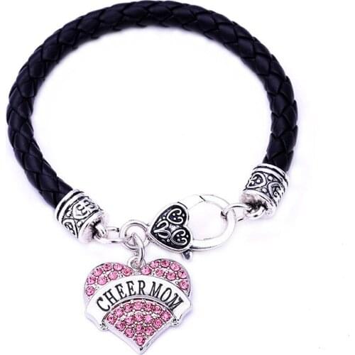 Newest Best Gift rhodium plated with sparkling crystals CHEER MOM heart pendant bracelet rope chain