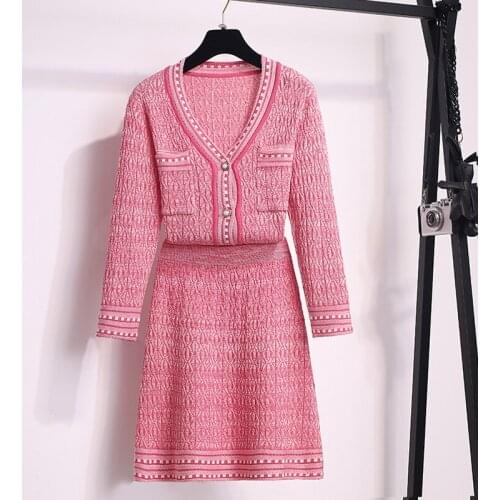Autumn Knitted 2 Piece Set Women Striped V Neck Short Cardigan Sweater Coat Tops + Mini Skirt Set Sweat Suits Skirt And Top Set