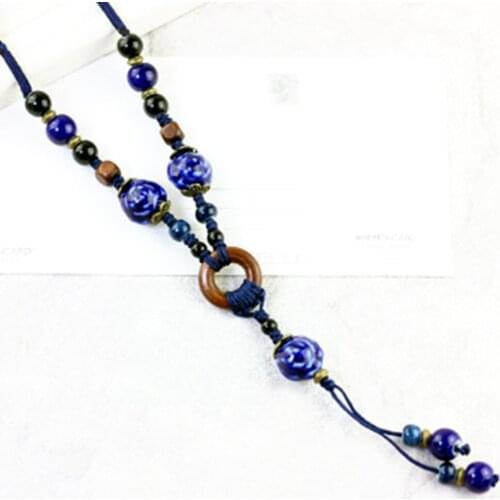 Retro Ethnic style Handmade ceramic Bead pendant sweater chain necklace N406