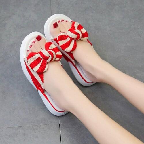 Women Summer Casual Slides Comfortable Flax Slippers Striped Bow Linen Flip Flops Platform Sandals Ladies Indoor Beach Shoes