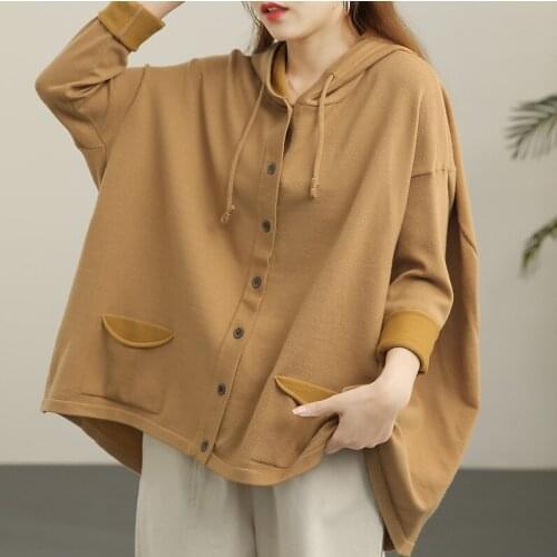 Spring Autumn Sweatshirts Women Casual Solid Color Loose Pockets Hooded Single Breasted Female Wild Asymmetric Tops