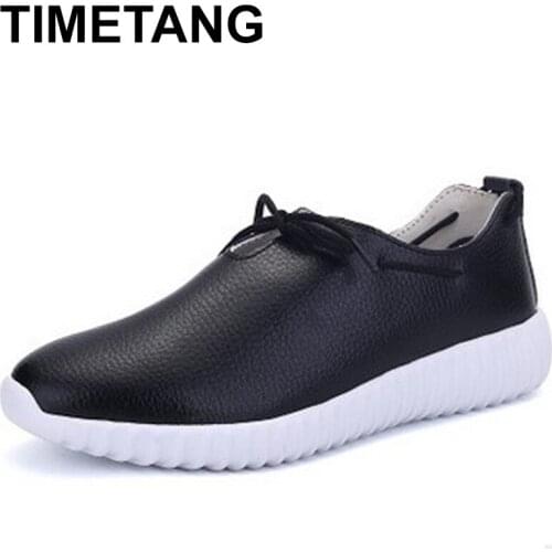 TIMETANG 2018 Genuine Leather Women Flats Shoes Loafers Sweet Black White for Female Casual Shoes Design Outdoor shoesE365