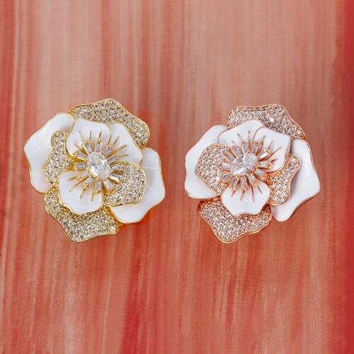 TIRIM Golden Flower Enamel Dangle Earrings for Women Cubic Ziron Gold Stub Stereo Earing Fashion Jewelry Gifts Three-dimensional