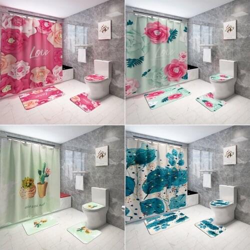 Green Leaf Cactus Flower Pattern Fabric Shower Curtain Plant Pedestal Bath Mats Set Toilet Cover Non-slip Rug for Bathroom Decor