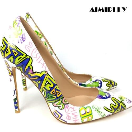 Summer Women Shoes Pointed Toe High Heels Pumps Ladies Party Clubwear Heels Patent Leather Print US13 Aimirlly