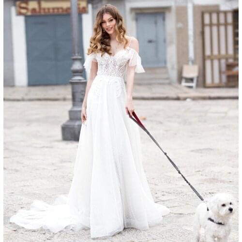 Gorgeous Light A-line Boho Wedding Dress 2021 Beach Tulle Cathedral White Bridal Gowns Online Chinese Store Vestido De Noiva