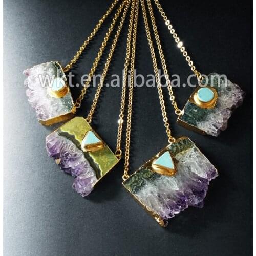 WT-N411 Wholesale slice raw crystal with howlite element pendant necklace, fashion uraguay crystal necklace