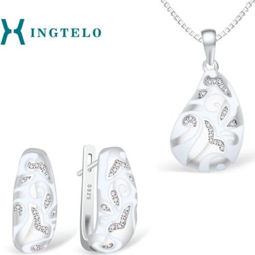 XINGTELO 925 Sterling Silver Earrings Necklace Bridal Jewelry Set Water Drop Pendant White Enamel Crystal Earrings for Women