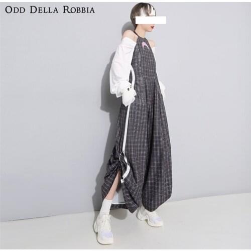 OddDellaRobbia Women Harajuku Style Embroidery Moon Metal Ring White Border Plaid Wide Leg Pants Sexy Open Back Jumpsuit475