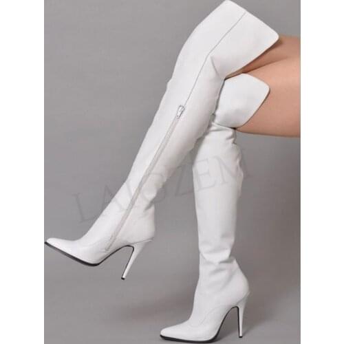 LAIGZEM White Women Over Knee High Boots Faux Leather Zip Up Stiletto Heeled Boots Shoes Ladies Botines Mujer Large Size 34-47