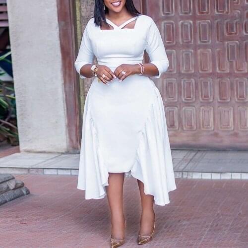 2021 Womens Pullover Solid Color Mid-length Skirt Temperament Square Neck Commuter High Waist Fashion White Irregular Dress