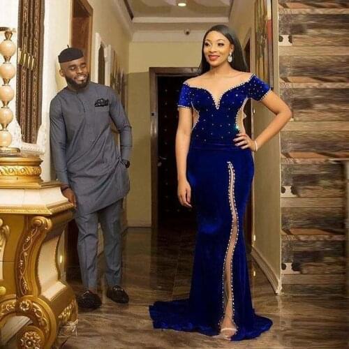 Royal Blue Velvet Mermaid Evening Dresses Illusion Slit Short Sleeve Sparkly Beaded Fomal Party Prom Gowns Custom Made Vestidos