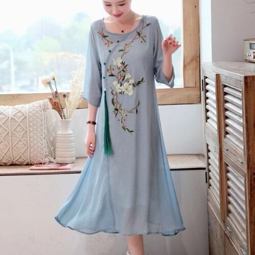 2020 Spring Summer Vintage Embroidered Long Dress Half-Sleeved Chinese-Style Embroidery TasselsCasual Loose A-line Midi Dress
