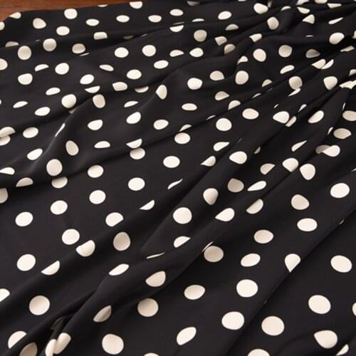 140CM Wide 20MM 90% Silk & 10% Lycra White Dots Print Stretch Black Silk Fabric for Summer Dress Clothes Cheongsam H624