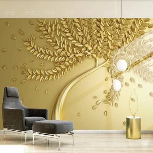 Custom papel DE parede 3d,Golden embossed tree mural for restaurant bedroom sofa KTV TV background wall decoration wallpaper