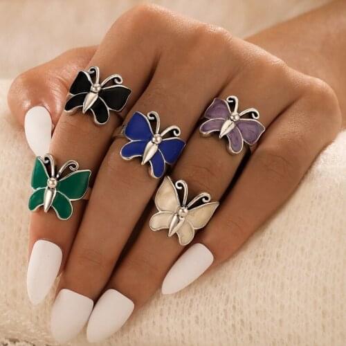 5 Pcs/Set Sweet Candy Color Butterfly Rings Set Fashion Animal Rings for Women Jewelry Gifts