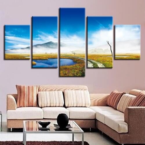 Canvas Painting 5 Pieces Mountain Bridge HD Prints Poster Wall Art Painting Marsh Natural Landscape Pictures Modular Home Decor