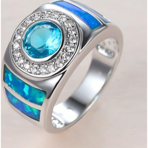 Dainty Female Aqua Blue Round Crystal Rings Charm Silver Color Wedding Rings For Women Luxury Bride Opal Stone Engagement Ring