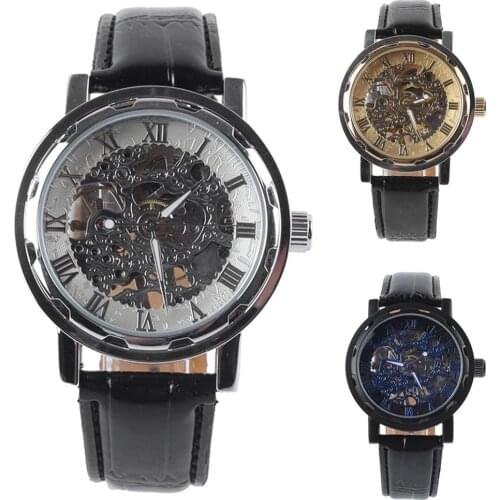 Classic Mens Faux Leather Skeleton Hand-Wind Mechanical Sports Army Wrist Watch Stainless steel watch case High quality watches