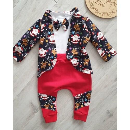 FOCUSNORM 0-3Y Gentleman Baby Boys Xmas Clothes Sets 3pcs Santa Print Bow Pullover T Shirts+Single Breasted Jacket+Long Pants