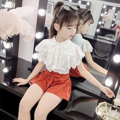 Teen girls clothes suit 2021 summer lace short sleeves white T-shirt mesh skirt clothes suitable for 5 6 7 8 10 11 12 years